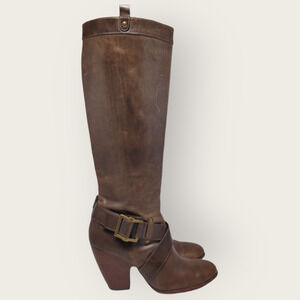 Frye Andrea Belted Tall Full Zip Brown Leather Riding Boot Size 10M 77321